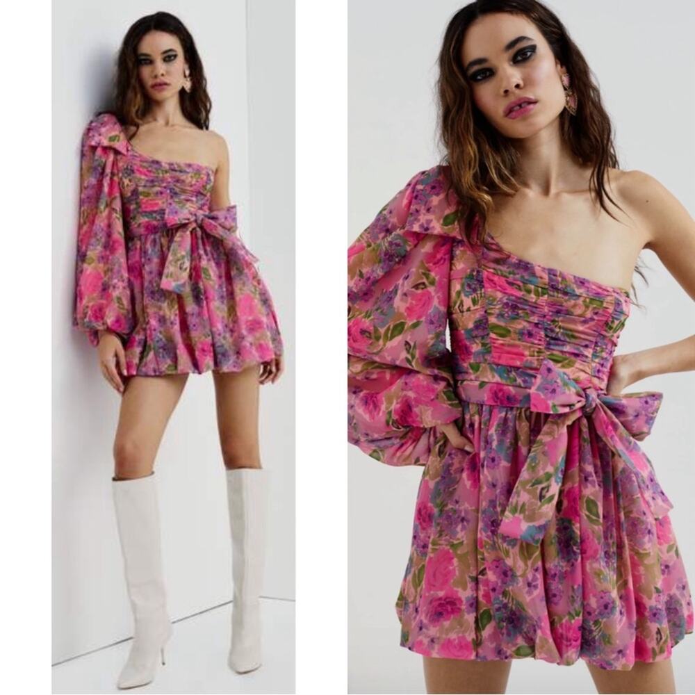 For Love & Lemons Annie Floral One Shoulder Bubble Hem Mini Dress Sz XL